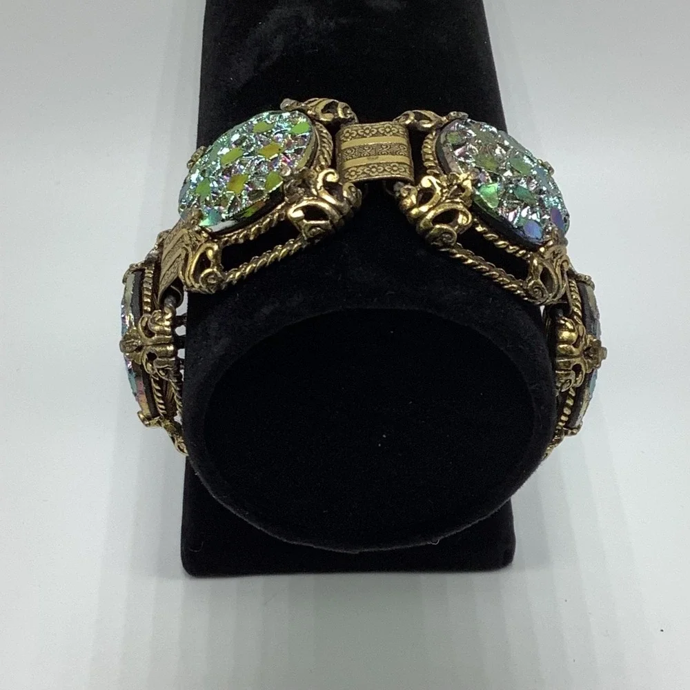 Vintage‎ Judy Lee Gold Tone Carnival Glass Link Bracelet 5 Panel Squares
